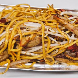 Roasted pork chow mein stir-fried with beansprouts, onions, and soy sauce