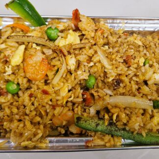 Singapore-style spicy fried rice with curry powder, chicken, pork, prawns, peas, onions, carrots, green peppers,
