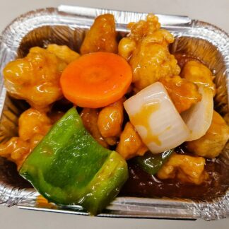 Hong Kong style Sweet and Sour stir-fried Chicken with carrot, green pepper, and union