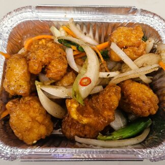 Salt and pepper deep-fried squid with union, chilli and garlic