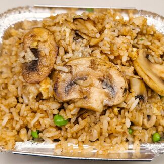 Chinese-style mushroom fried rice with egg, mixed vegetables and soya sauce