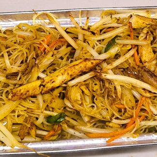 Singapore rice noodles stir-fried with curry powder, chicken, pork, prawns, and mixed vegetables