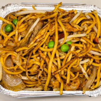 Young Chow special chow mein with chicken, pork, prawns, peas, onions, and beansprouts in soy sauce