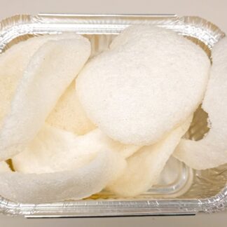 Freshly made, crispy prawn crackers served in a takeaway container